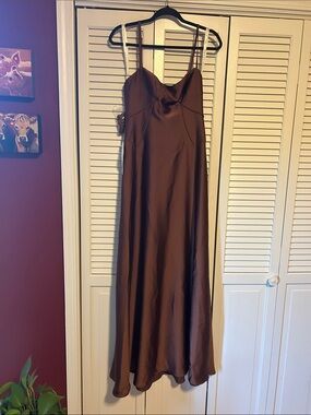 NWT Chocolate Brown Satin A-Line Dress with Spaghetti Straps—lace-up back
